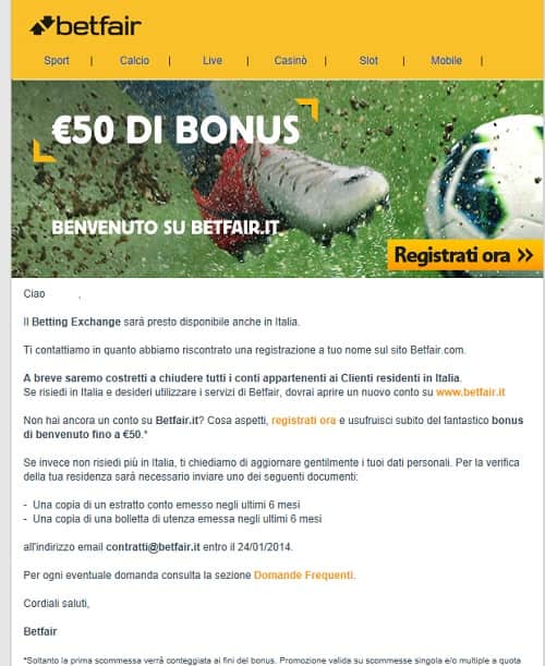 Email Betfair chiusura conto