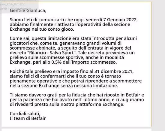 Betfair riattiva i conti sospesi per la tassa salva sport