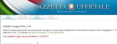 La ratifica della convenzione di Macolin sul Match fixing