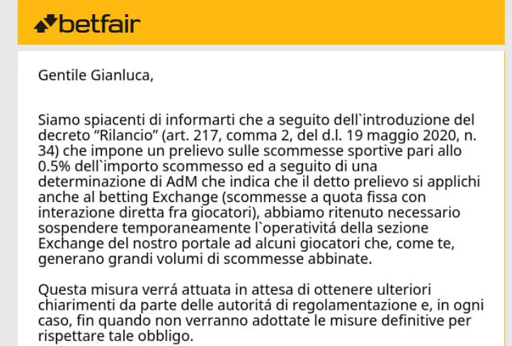 Betfair sospende attivita clienti alta operativita tassa salva sport