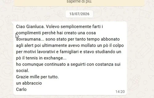 Recensione Scanner Tennis TFI su WhatsApp da un abbonato storico agli alert tennis